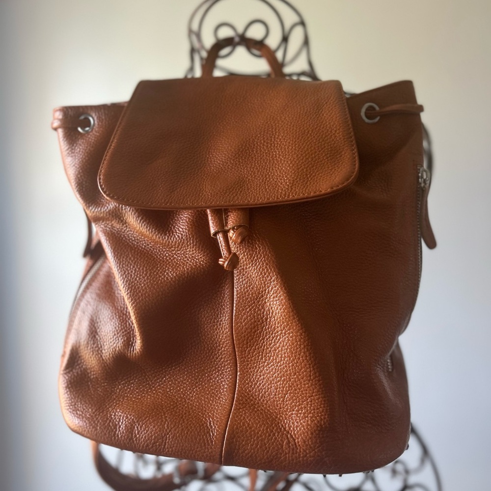 Faux brown leather backpack handbag. Carry all with lots of compartments